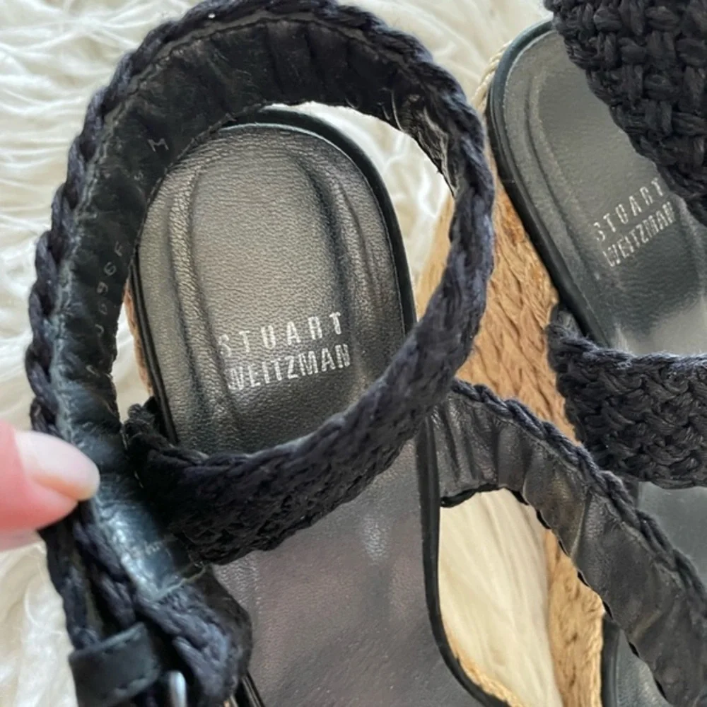 Stuart Weitzman Alex‎ black espadrille woven wedge sandals size 9.5